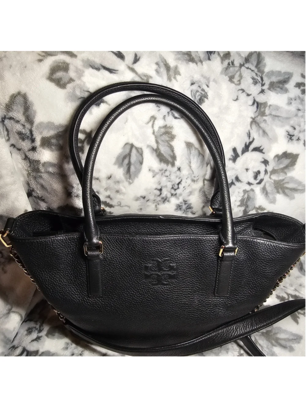 Tory Burch Black Pebbled Leather Britten Convertible Tote Bag